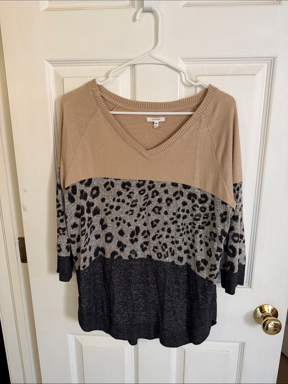 Maurices Beige Gray Black Colorblock Leopard V-Neck Pullover